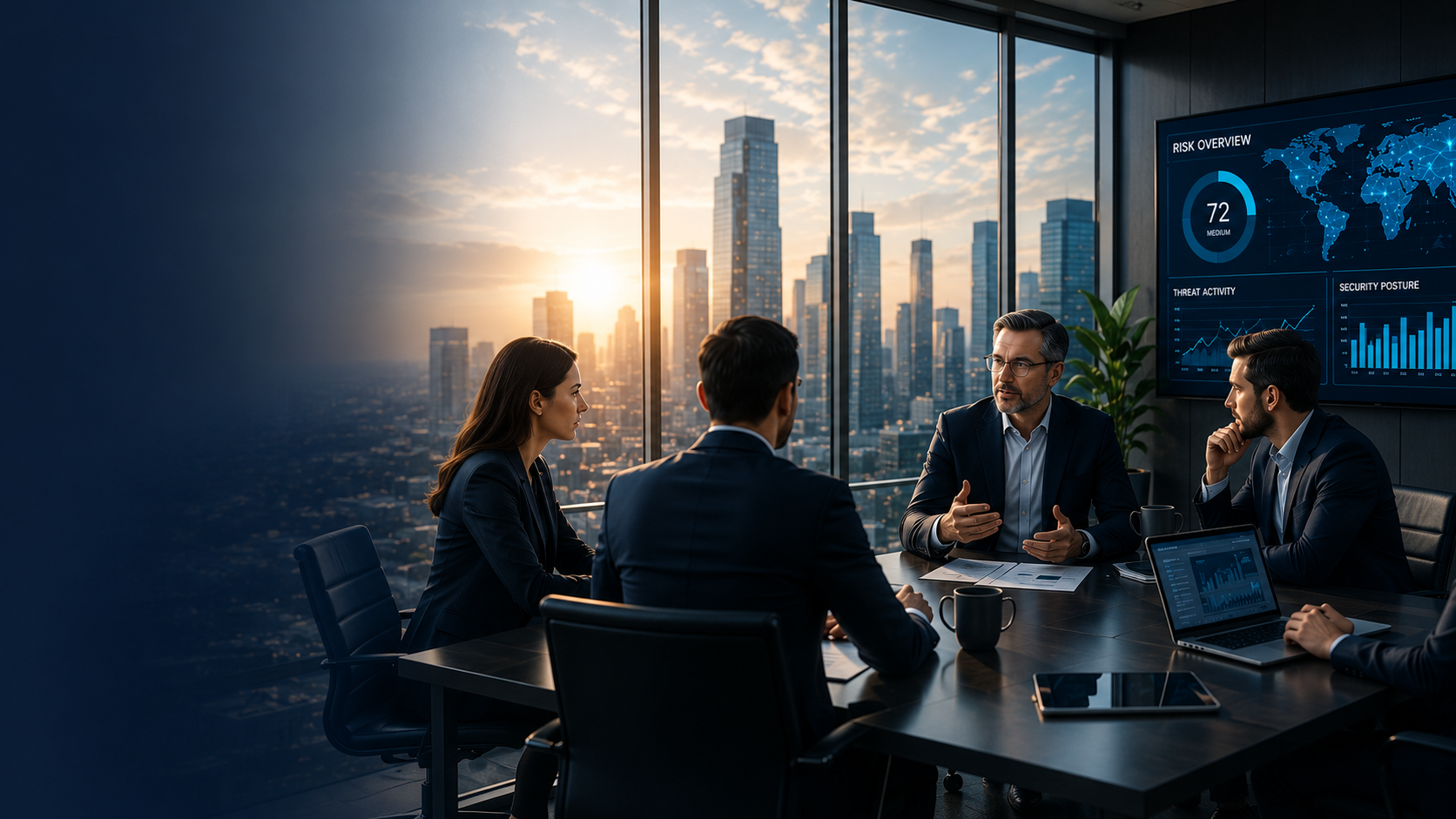 Executive leadership team collaborating in a modern boardroom with cybersecurity dashboards overlooking a city skyline.