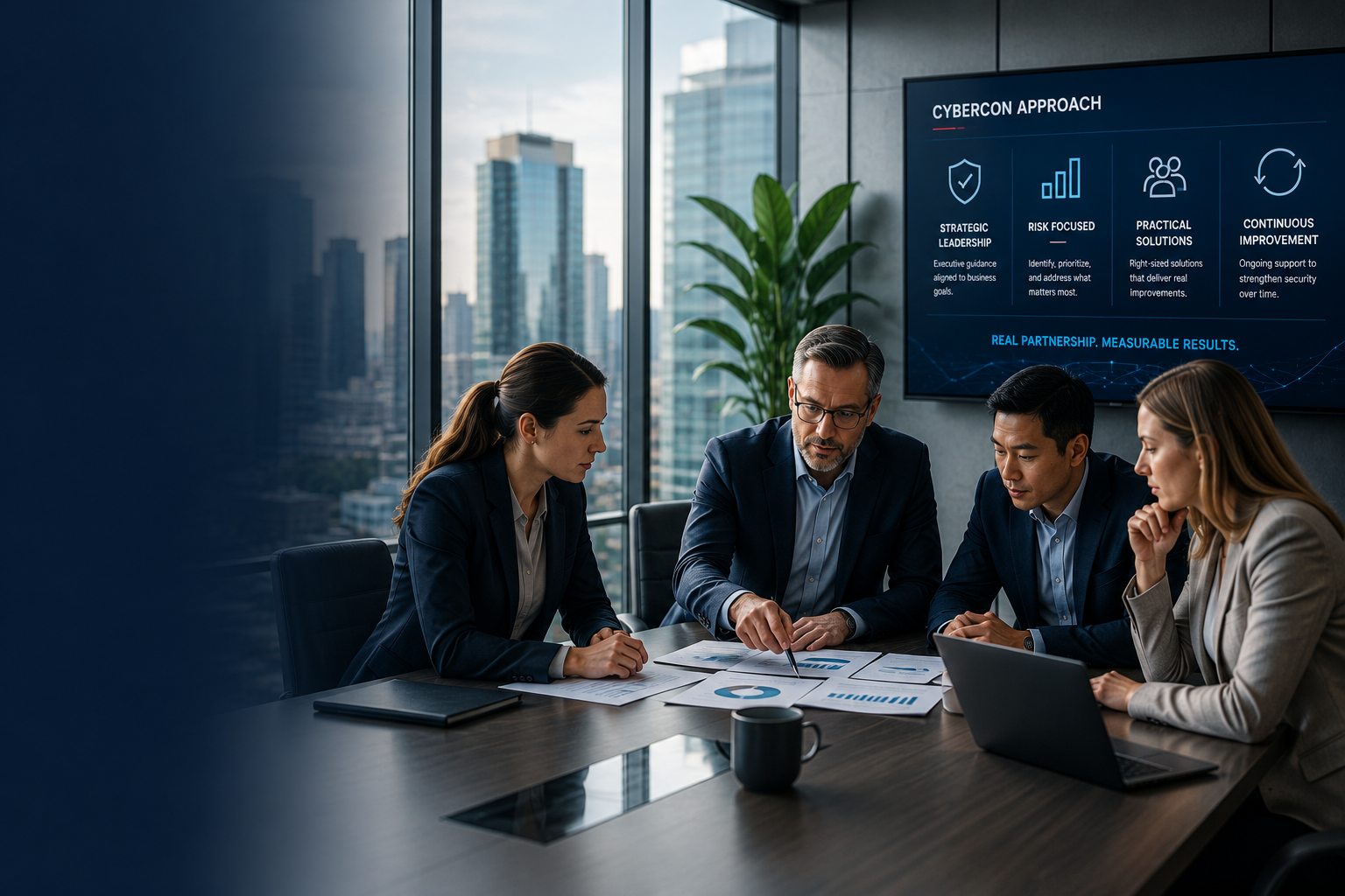 Cybersecurity advisor collaborating with executive leadership on strategic risk management and security planning.