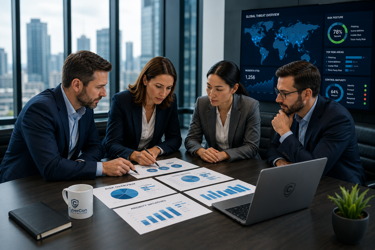 Cybersecurity service planning workspace with business leaders reviewing risk and strategy dashboards.